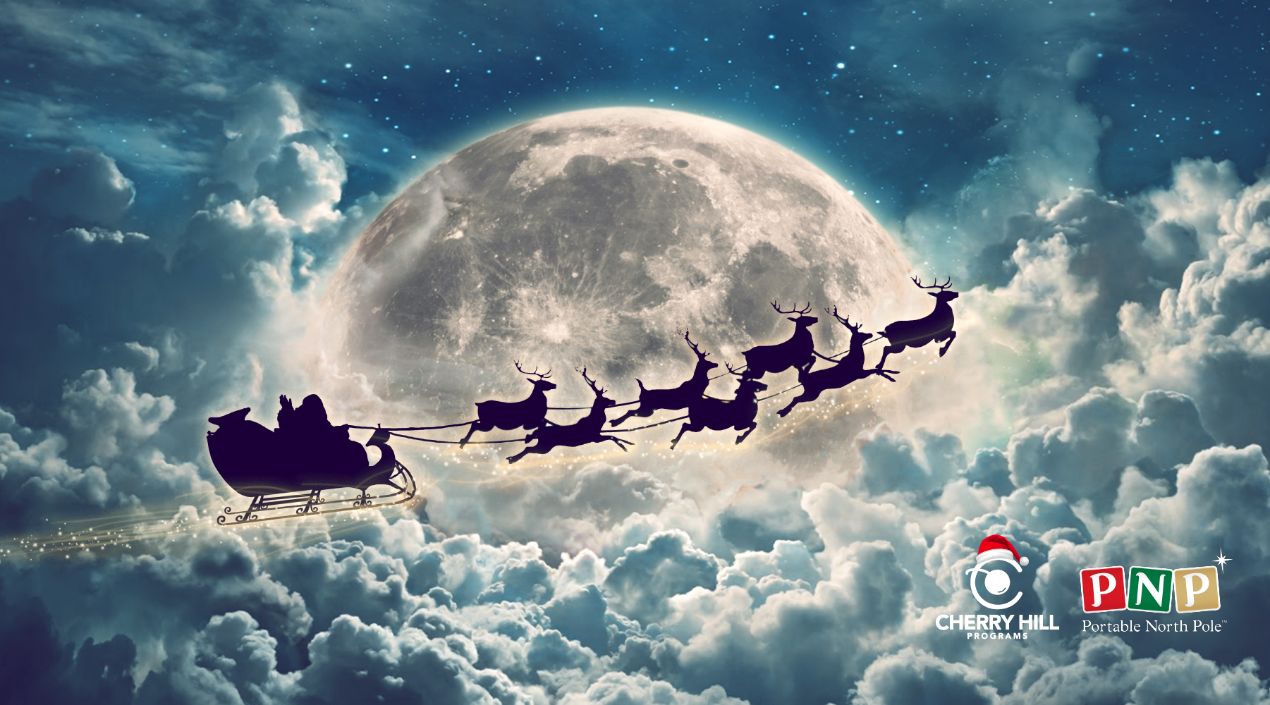 Santa riding a sleigh in the sky announcing that Cherry Hill Programs has partnered with Portable North Pole